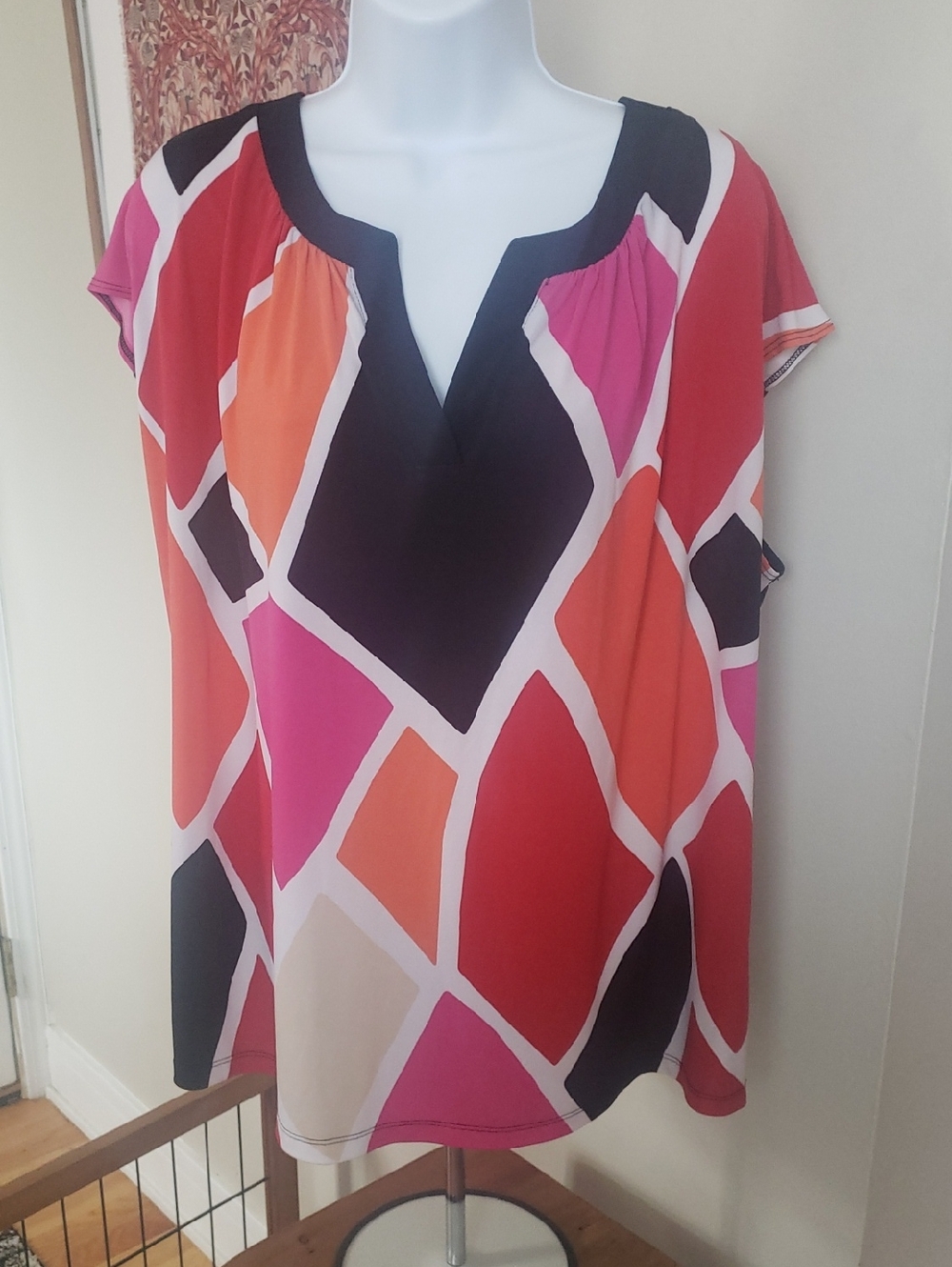 Worthington Geometric Blouse - Red, Pink, and Black, 3X